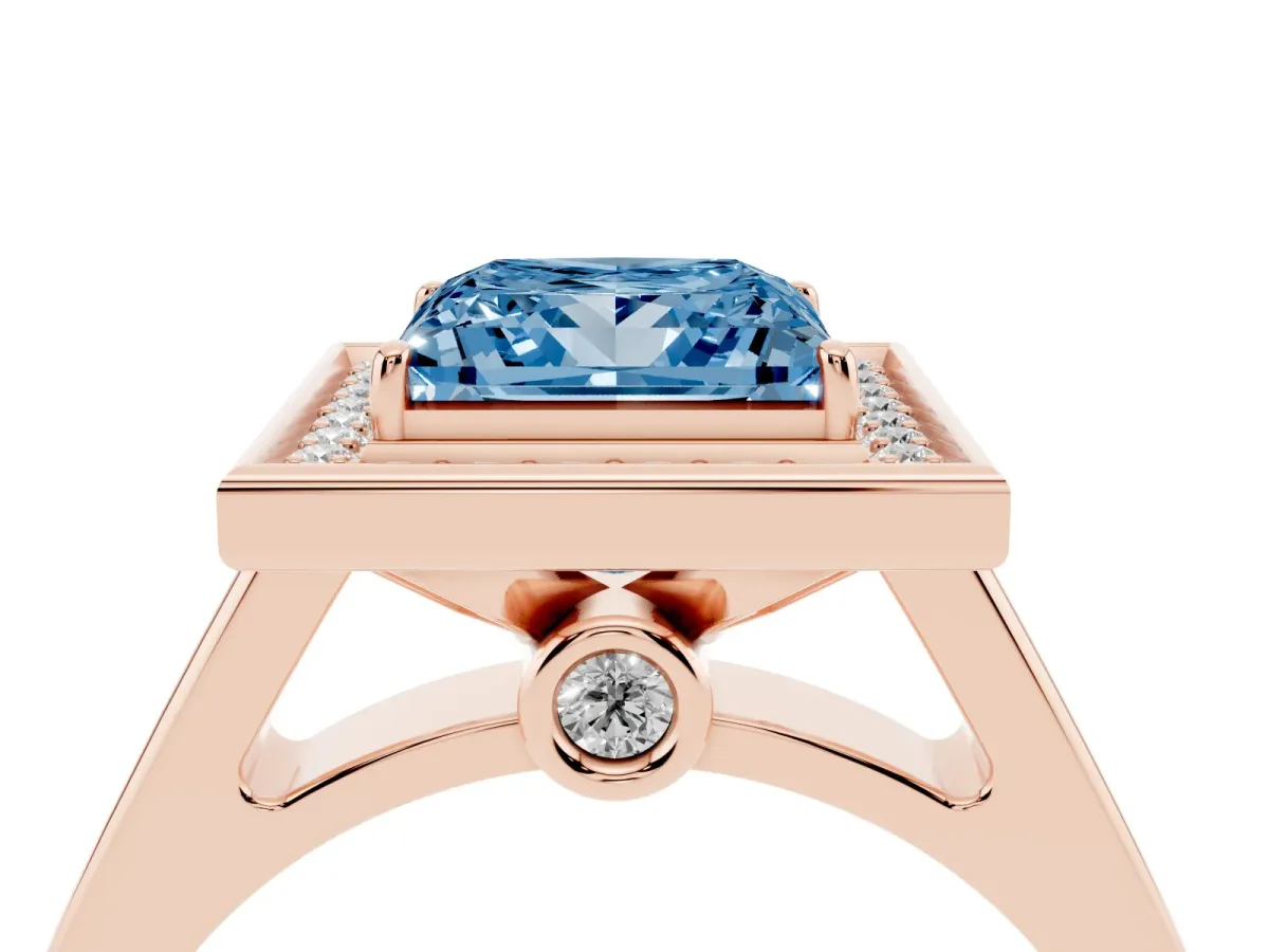 Fancy Blue Princess Cut Halo Solitaire Diamond Ring with Pave Band and Bezel Setting Rose gold