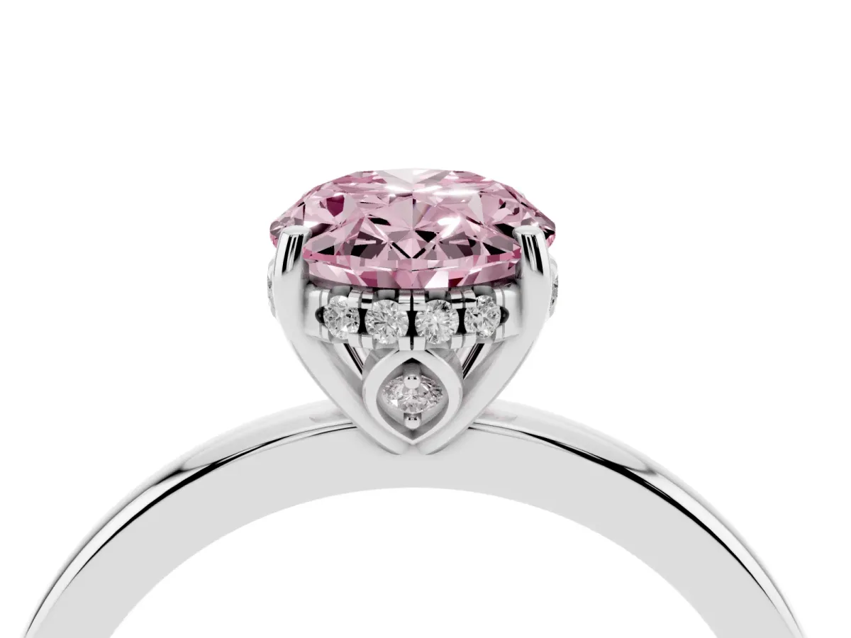 Fancy Pink Oval Cut Solitaire Diamond Ring with Prong Setting and Plain Band Silver