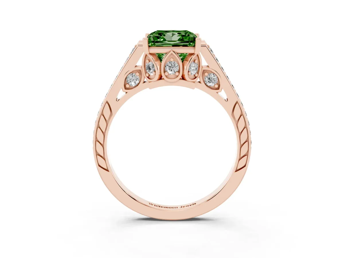 Fancy Green Princess Cut Cut Cathedral Pave Diamond Engagement Ring with Six-Prong Setting Rose gold