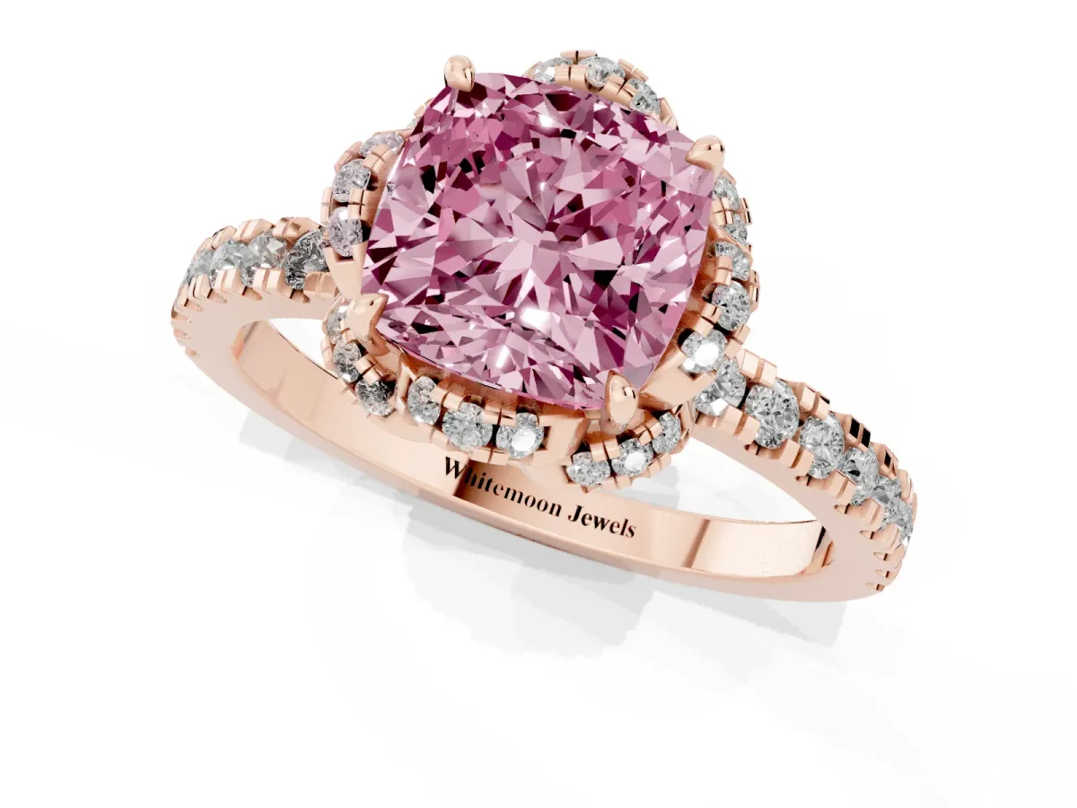 Fancy Pink Cushion Cut Halo Diamond Pave Band Ring with Four-Prong Setting Rose gold