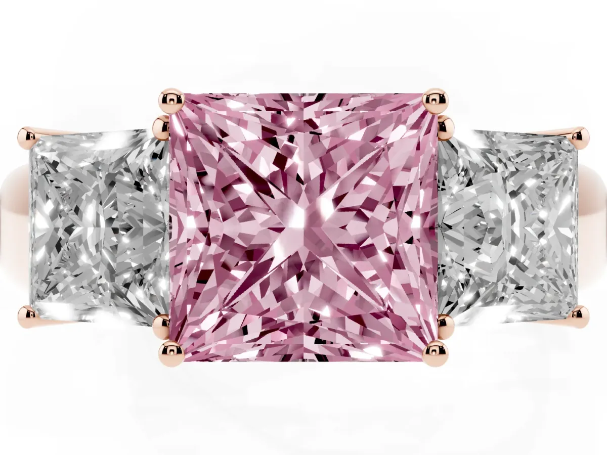 Fancy Pink Three-Stone Princess Cut Cut Diamond Ring with Prong Setting and Classic Band Rose gold