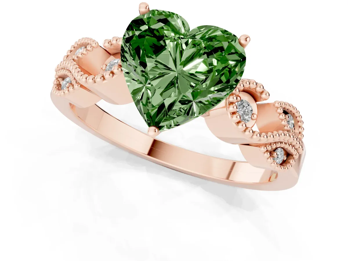 Fancy Green Heart Cut Solitaire Milgrain Leaf Band with Prong Setting Rose gold