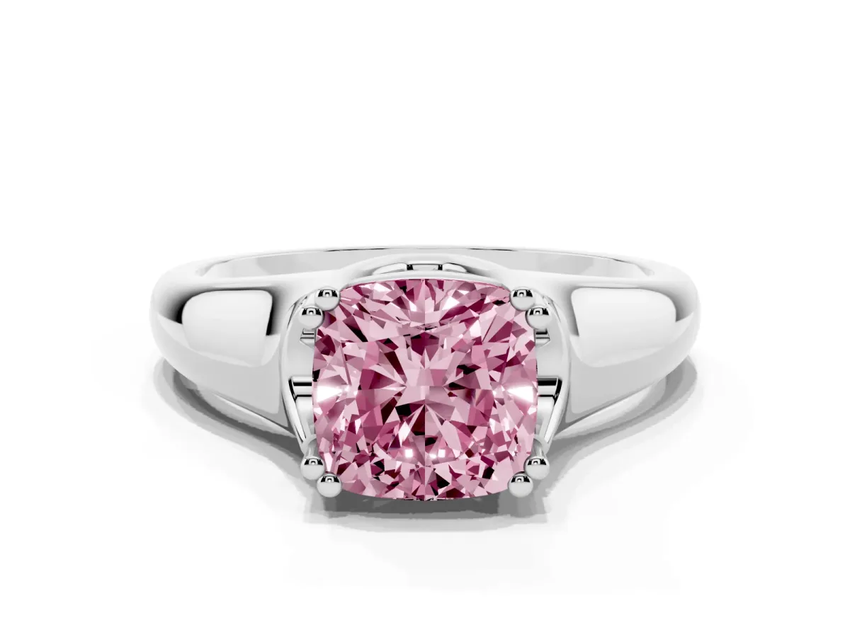 Fancy Pink Cushion Cut Diamond Solitaire Ring with Wide Band and Prong Setting Silver