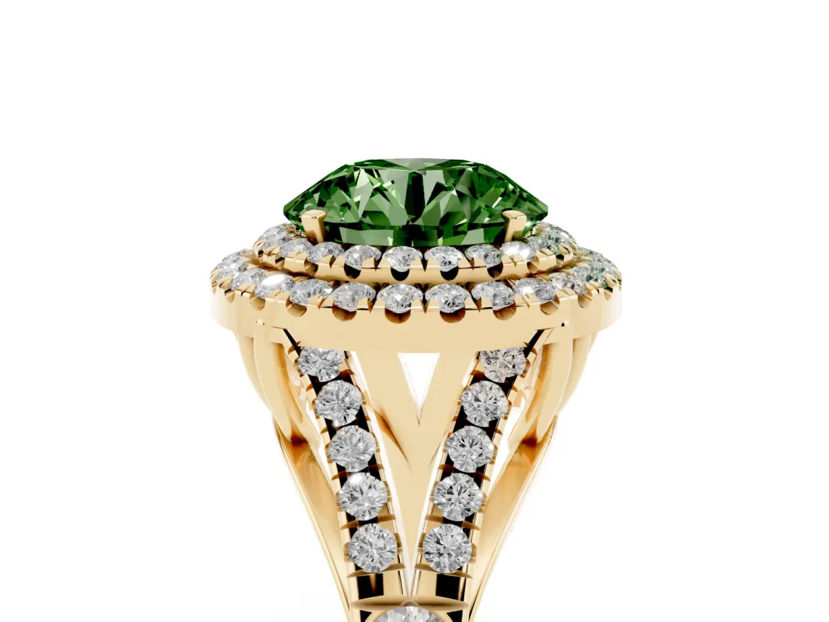Fancy Green Round Cut Cut Double Halo Split Shank Diamond Ring with Prong Setting Yellow gold