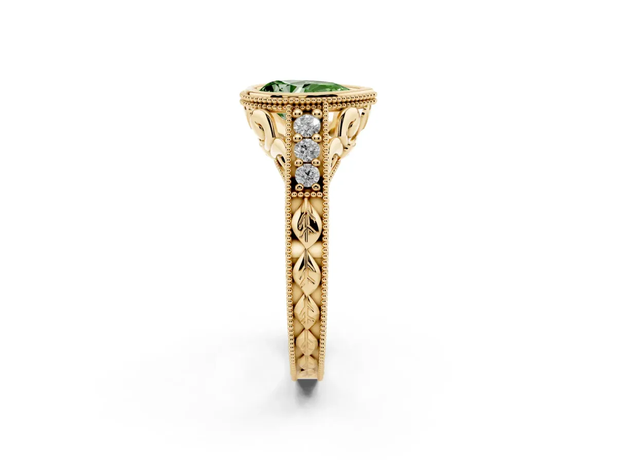 Fancy Green Bezel Set Pear Cut Diamond Milgrain Pave Engagement Ring Yellow gold