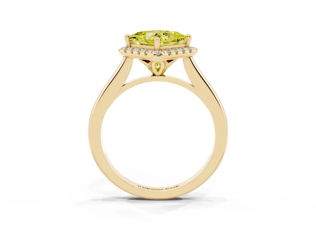 Fancy Yellow Princess Cut Halo Round Diamond Solitaire Engagement Ring with Pave Band and Four-Prong Setting Yellow gold