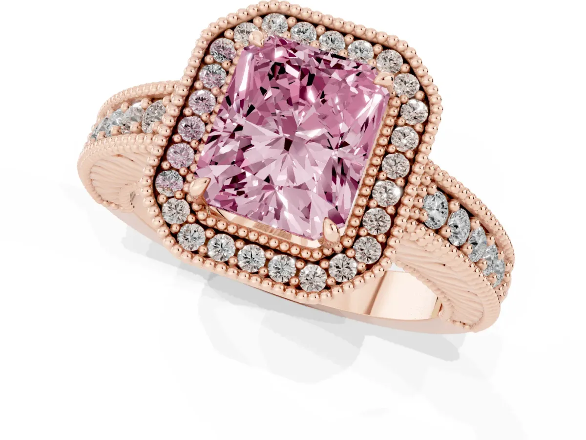 Fancy Pink Radiant Cut Cut Halo Diamond Ring with Pavé Band and Four-Prong Setting Rose gold