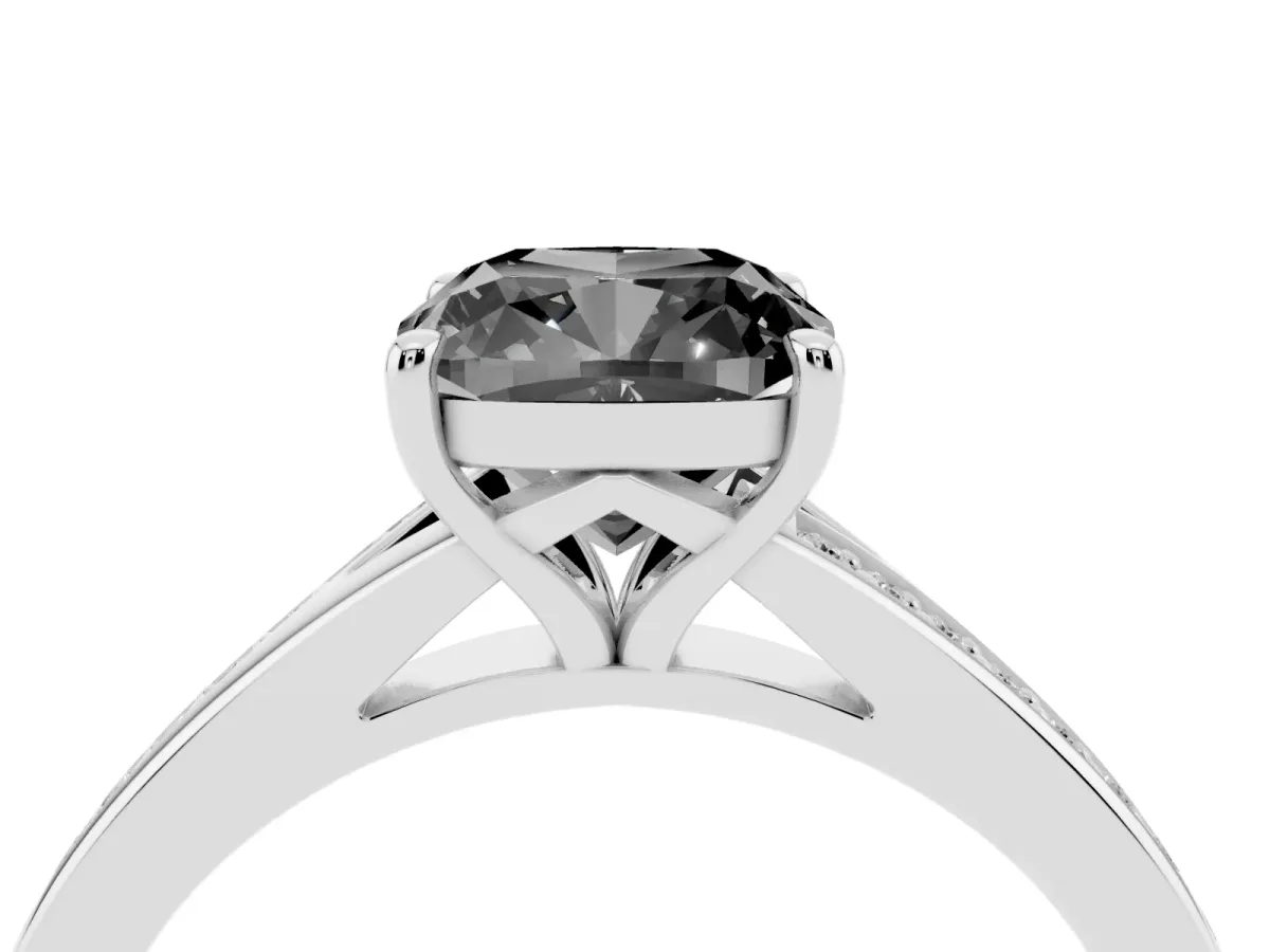 Fancy Black Cushion Cut Diamond Solitaire Ring with Pavé Band and Prong Setting Silver