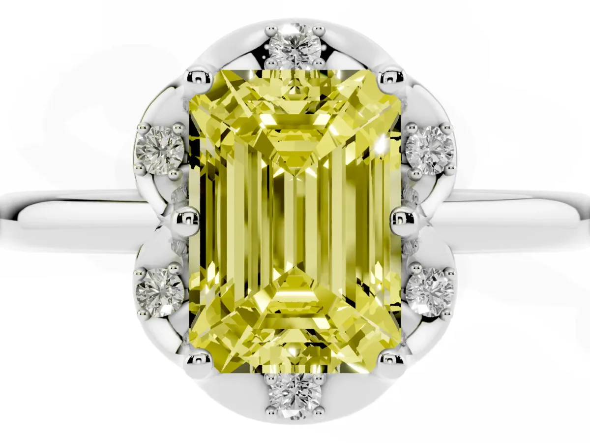 Fancy Yellow Emerald Cut Halo Diamond Ring with Round Cluster Setting, Solitaire Band, and Four-Prong Setting Silver