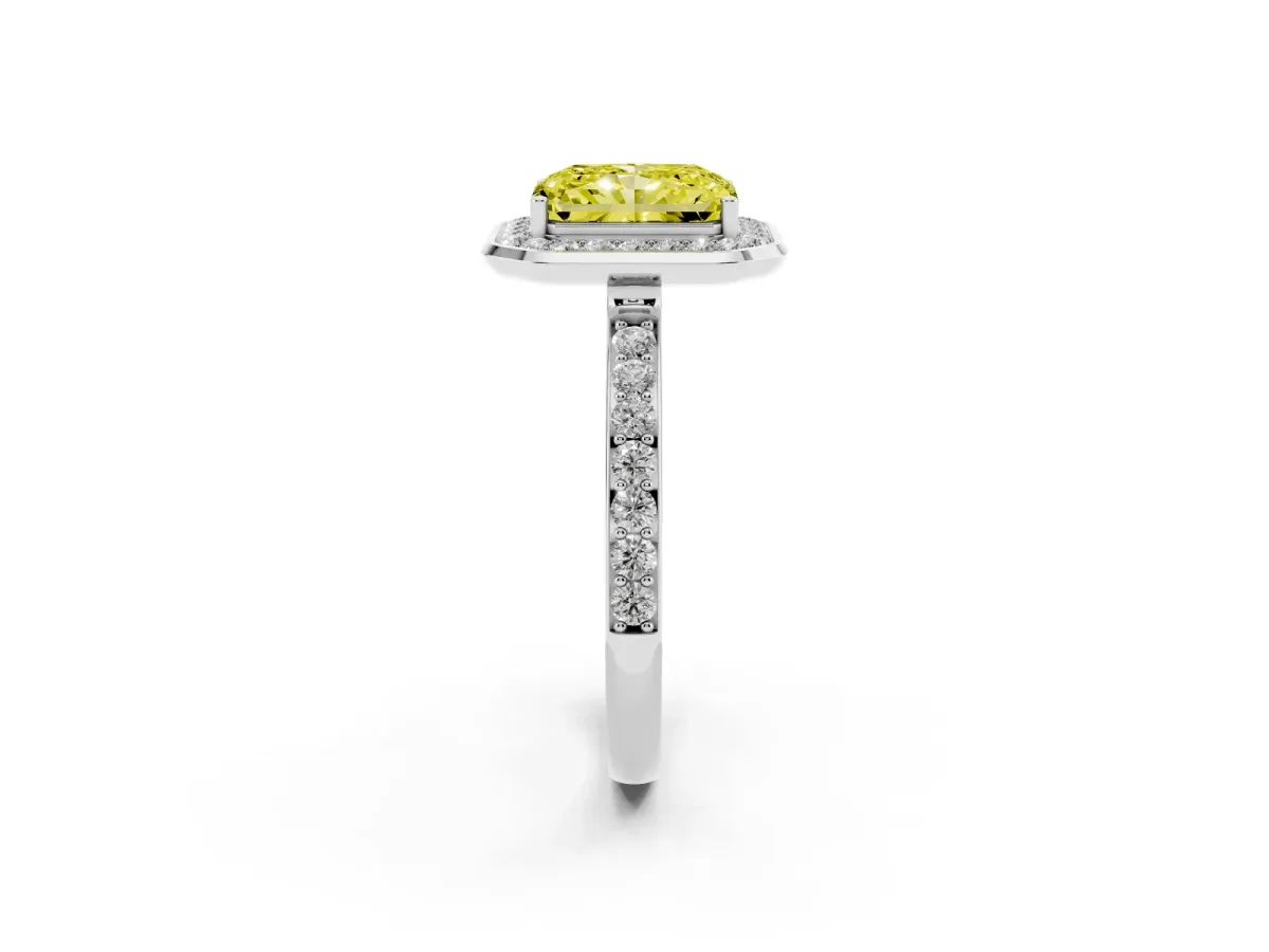 Fancy Yellow Radiant Cut Diamond Halo Ring with Bezel Frame and Pavé Band Silver