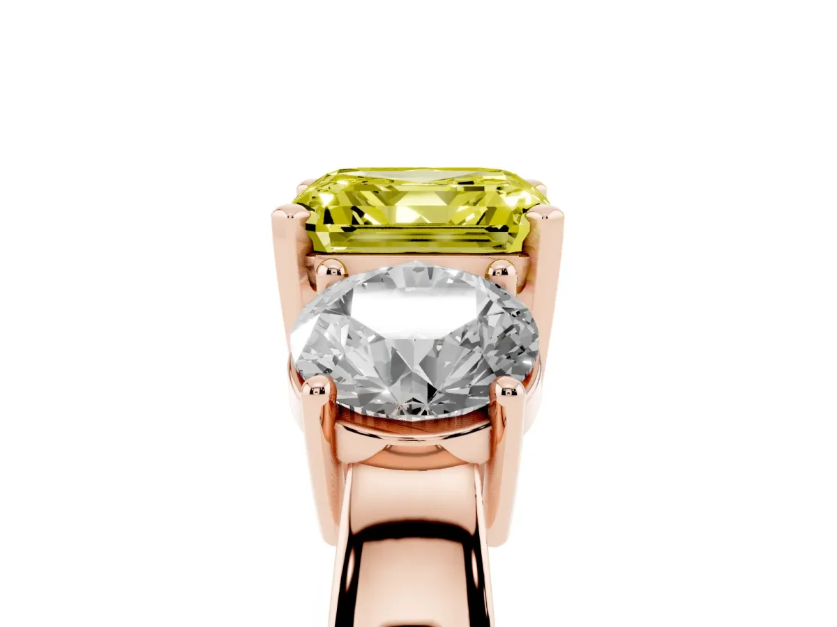 Fancy Yellow Three-Stone Asscher Cut Diamond Ring with Round Side Stones, Classic Band, and Four-Prong Setting Rose gold
