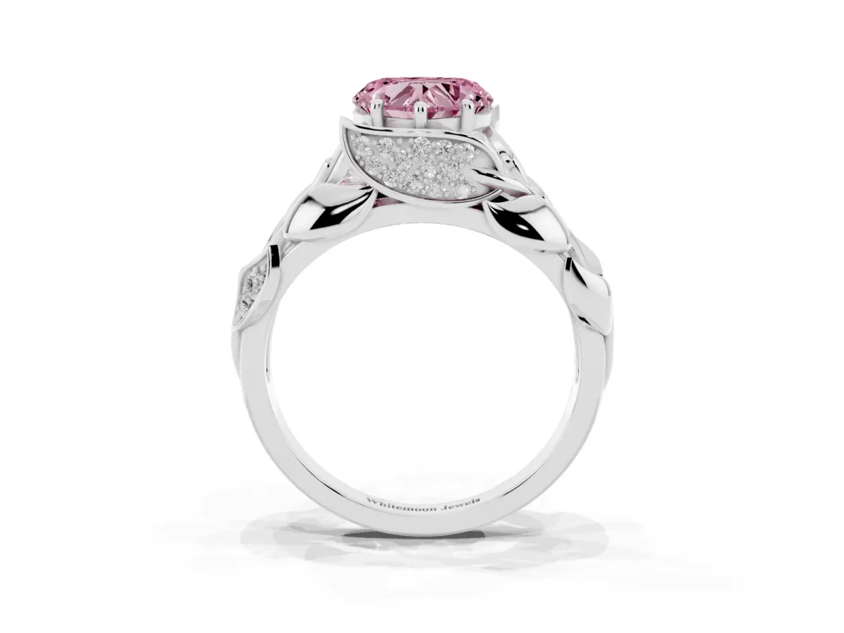 Fancy Pink Heart Cut Diamond Leaf-Inspired Engagement Ring with Round Accents and Prong Setting White gold