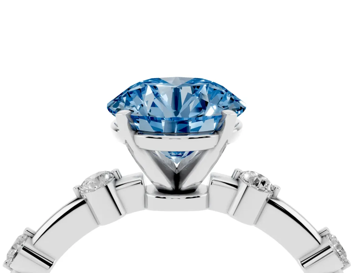 Fancy Blue Round Cut Solitaire Diamond Ring with Bezel Set Side Stones and Prong Setting Silver