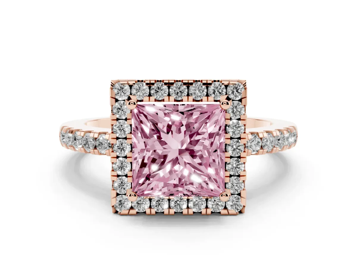 Fancy Pink Princess Cut Halo Diamond Engagement Ring with Pavé Band and Four-Prong Setting Rose gold
