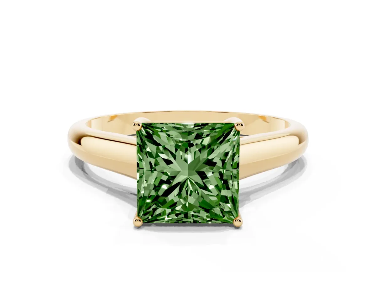 Fancy Green Princess Cut Solitaire Engagement Ring with Tapered Band and Four-Prong Setting Yellow gold
