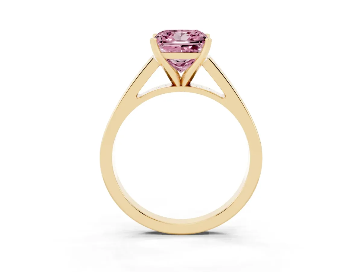 Fancy Pink Princess Cut Solitaire Engagement Ring with Four-Prong Setting and Tapered Band Yellow gold