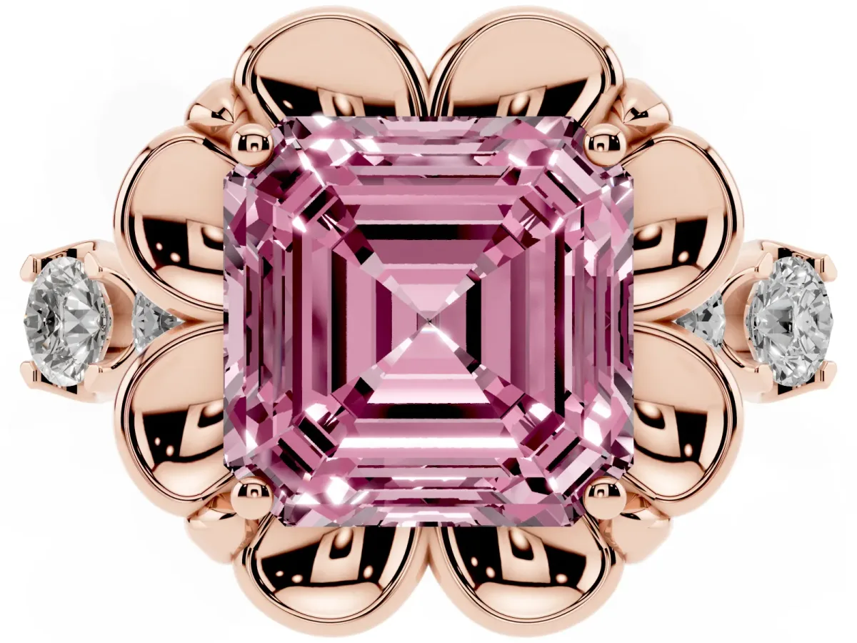 Fancy Pink Asscher Cut Cut Diamond Floral Halo Engagement Ring with Shared Prong Setting Rose gold