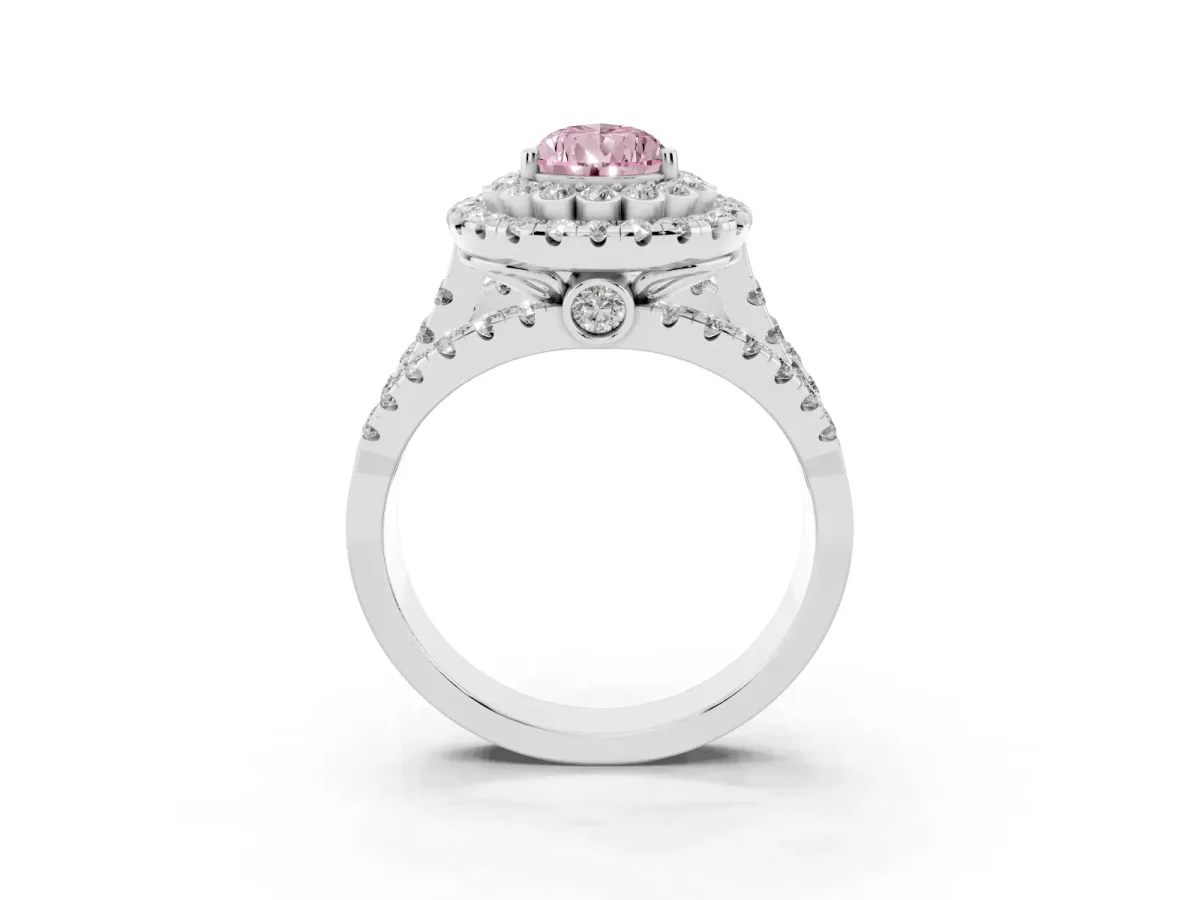 Fancy Pink Pear Cut Diamond Double Halo Ring with Round Pavé Split Shank and Prong Setting Silver