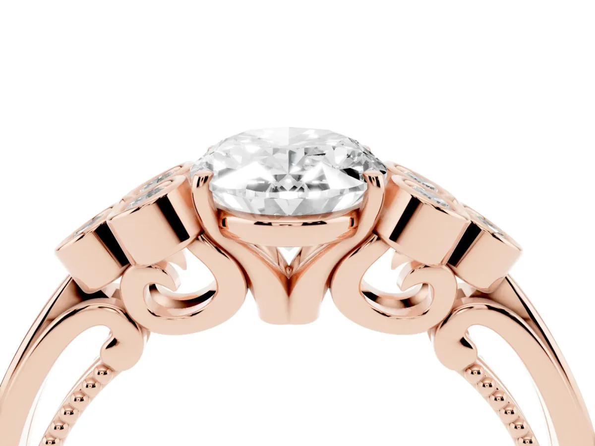Oval Cut Cut Diamond Engagement Ring with Bezel Set Round Side Stones and Prong Setting Rose gold