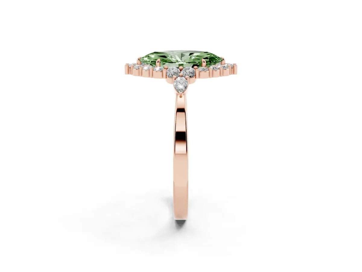 Fancy Green Marquise Cut Diamond Halo Ring with Pear Side Stones and Prong Setting Rose gold