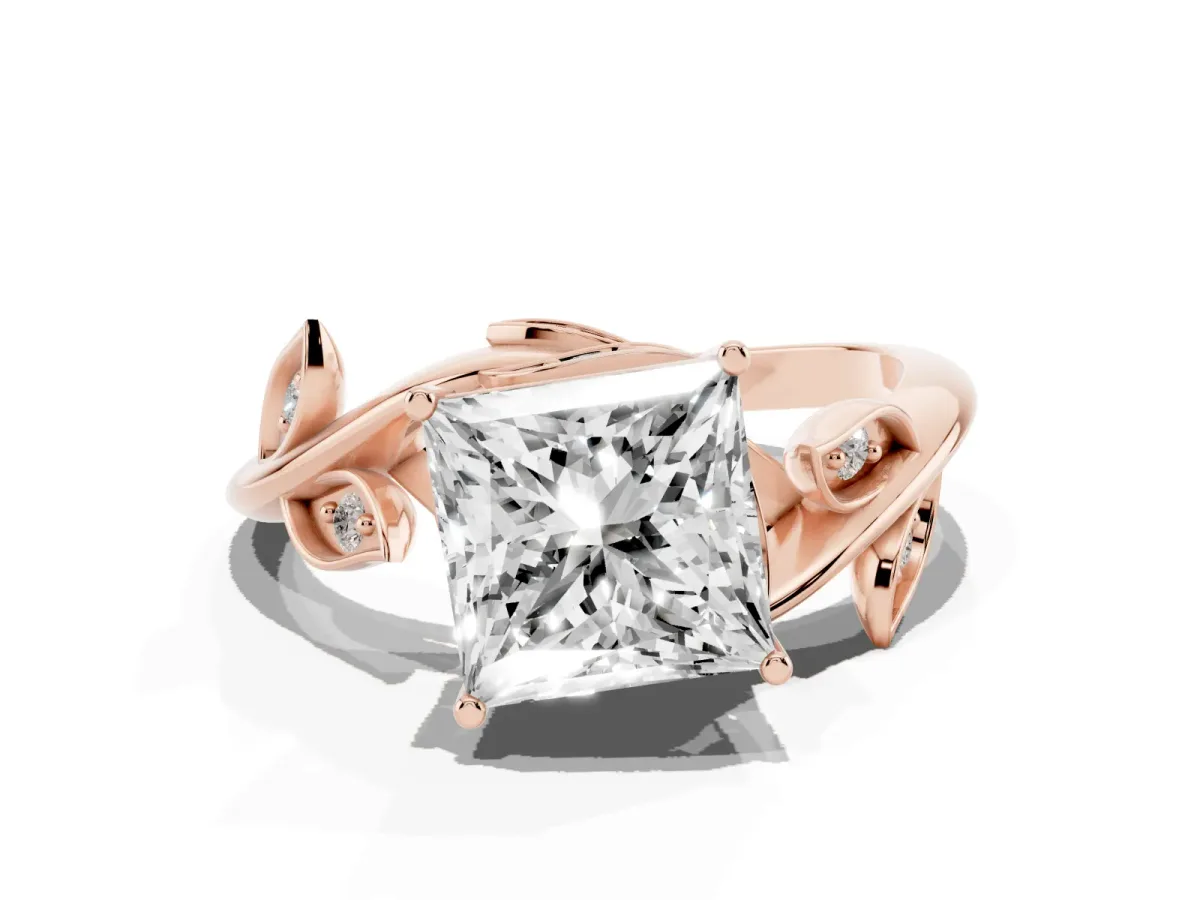 Princess Cut Solitaire Twist Engagement Ring with Leaf Accents and Prong Setting Rose gold
