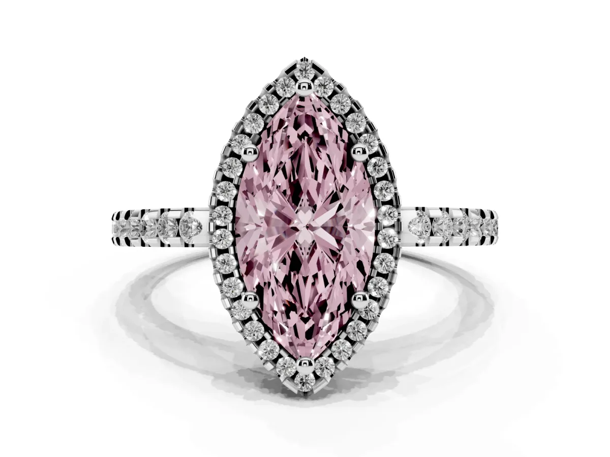 Fancy Pink Marquise Cut Diamond Halo Engagement Ring with Pavé Band and Prong Setting Platinum