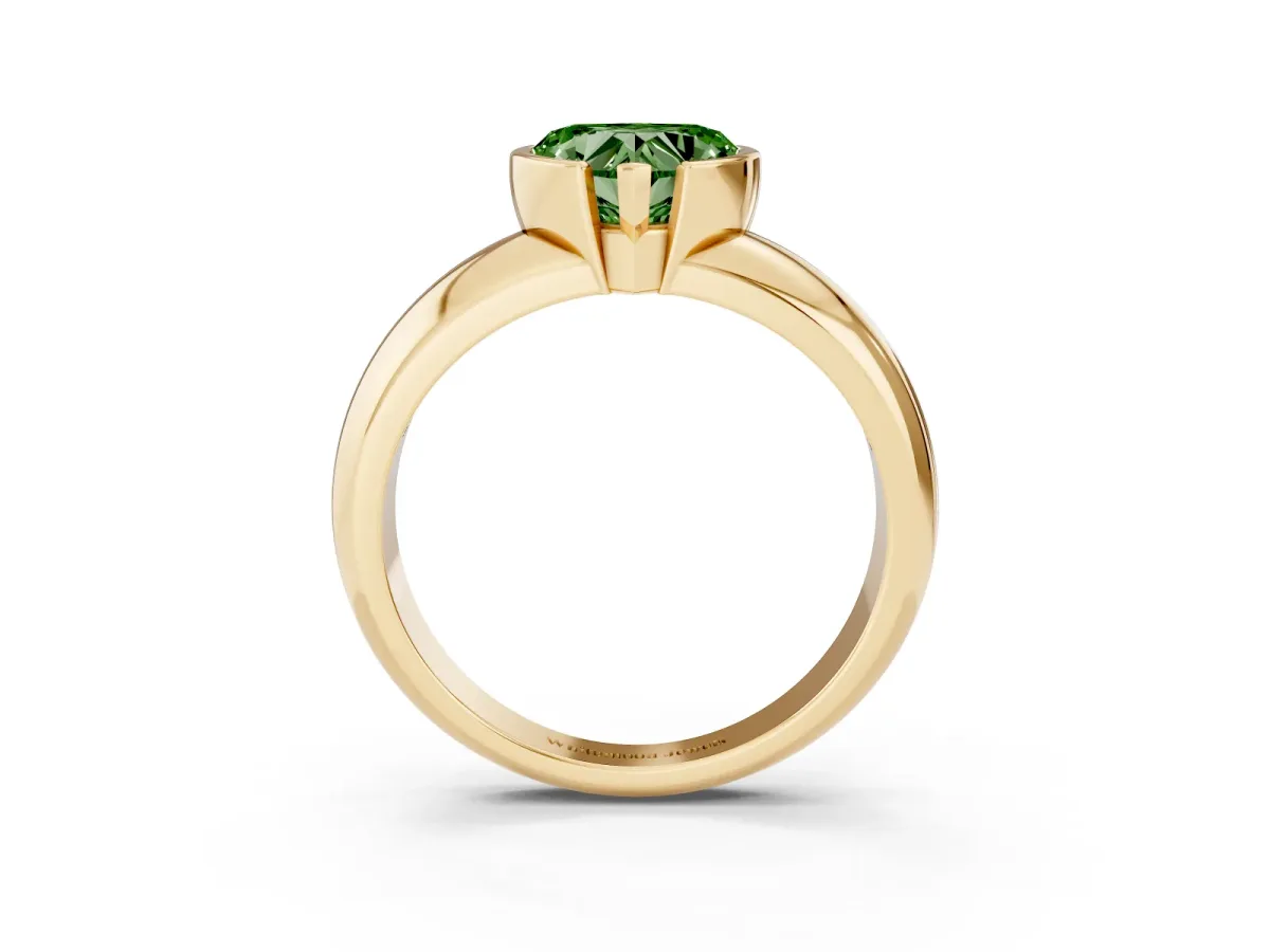 Fancy Green Heart Cut Solitaire Tension Set Diamond Ring with Wide Band Yellow gold