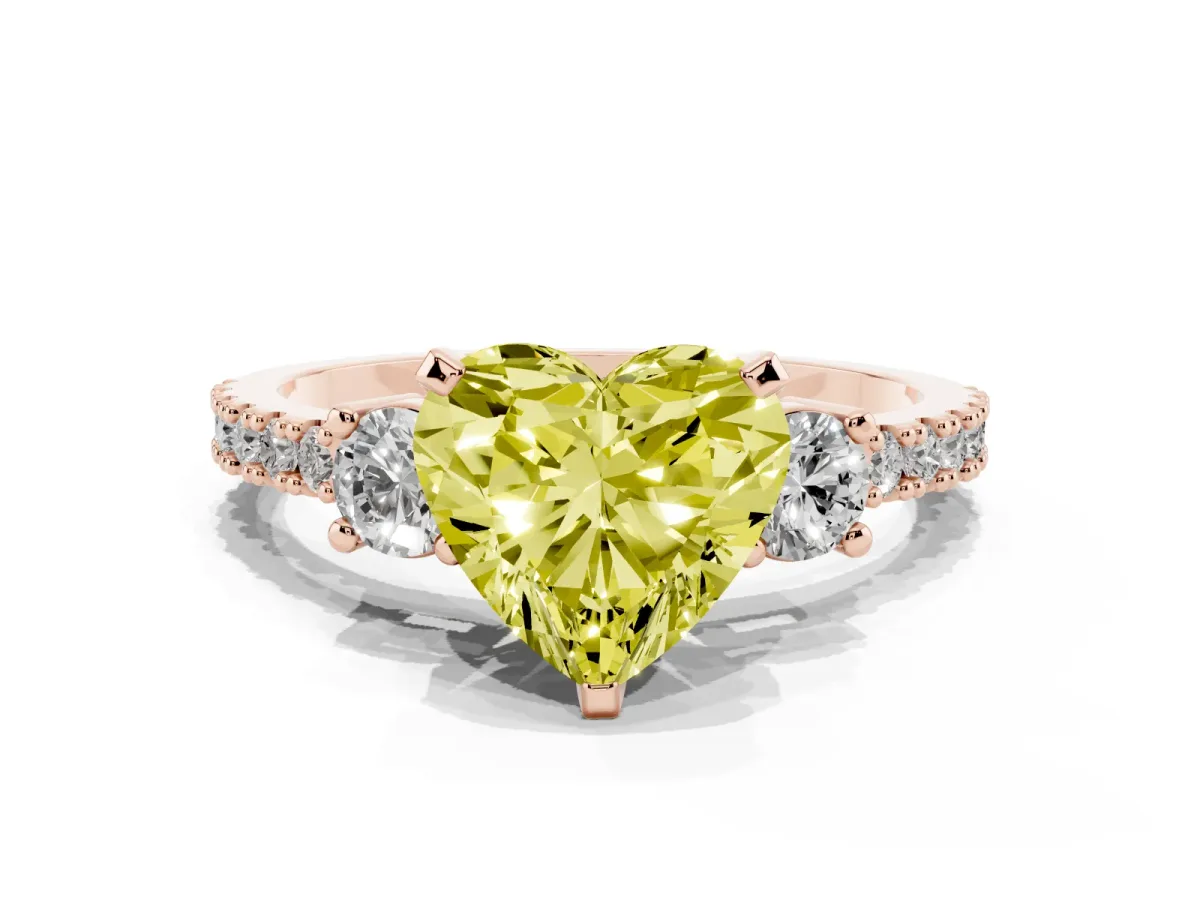 Fancy Yellow Heart Cut Three-Stone Diamond Pavé Band with Prong Setting Rose gold
