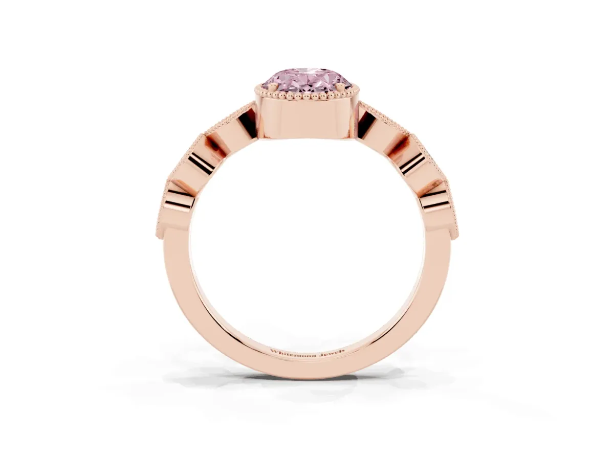 Fancy Pink Oval Cut Diamond Vintage Milgrain Ring with Round Stations Rose gold