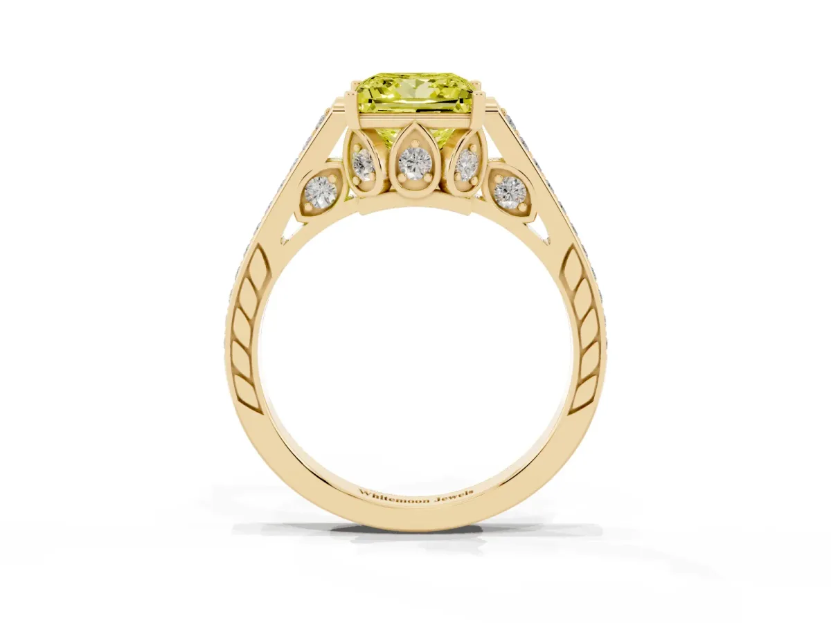Fancy Yellow Princess Cut Cut Cathedral Pave Diamond Engagement Ring with Six-Prong Setting Yellow gold
