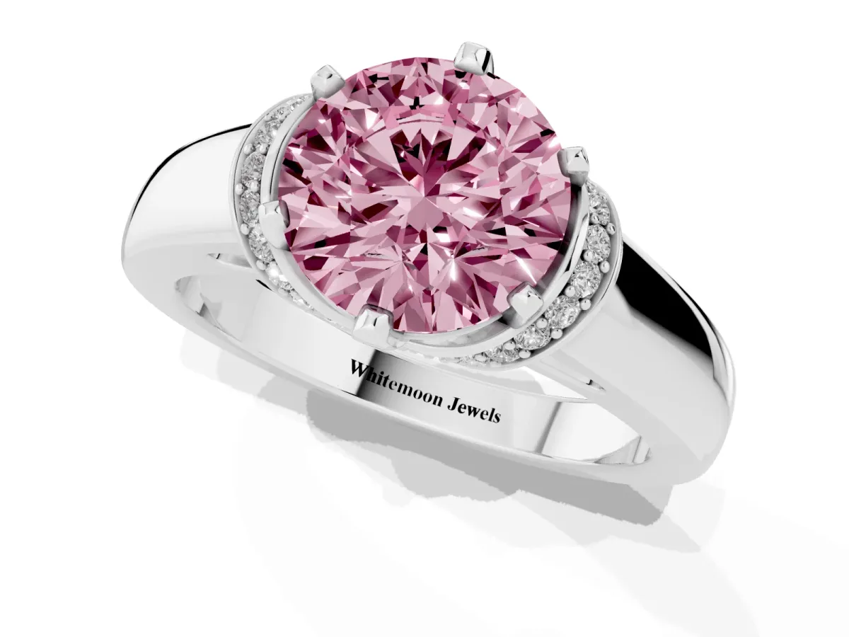 Fancy Pink Round Cut Solitaire Diamond Ring with Pave Band and Six-Prong Setting Silver