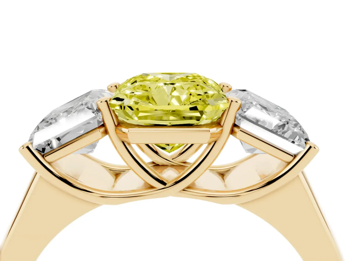 Fancy Yellow Radiant Cut Three-Stone Diamond Ring with Prong Setting on a Classic Band Yellow gold