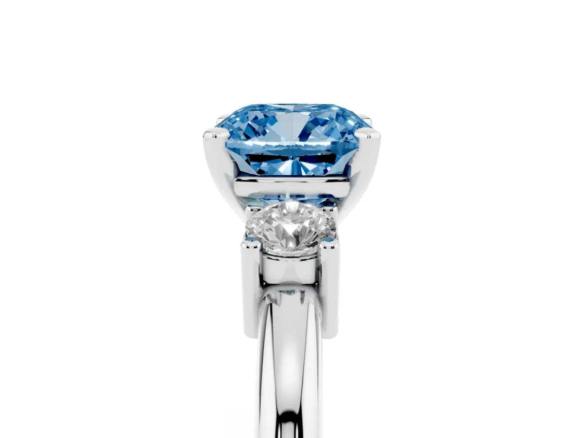 Fancy Blue Three-Stone Cushion Cut Cut Diamond Solitaire with Prong Setting and Classic Band Silver