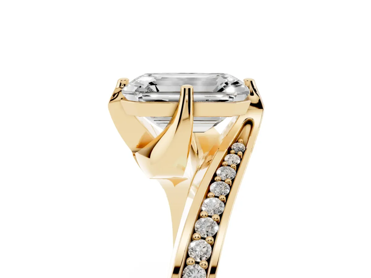 Emerald Cut Solitaire Diamond Twist Band with Pavé Setting and Four-Prong Setting Yellow gold