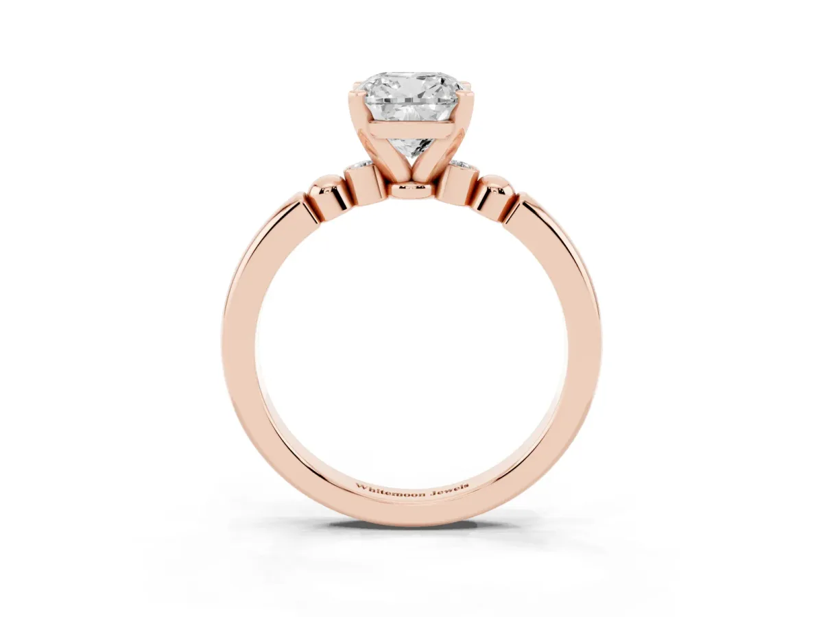Cushion Cut Solitaire Beaded Band with Four-Prong Setting Rose gold