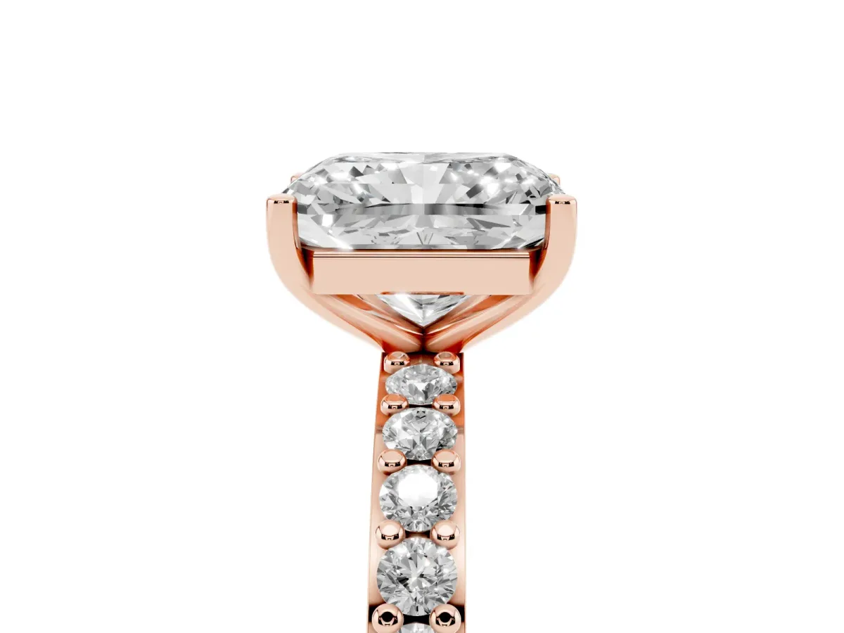 Radiant Cut Cut Diamond Solitaire with Pave Band and Four-Prong Setting Rose gold
