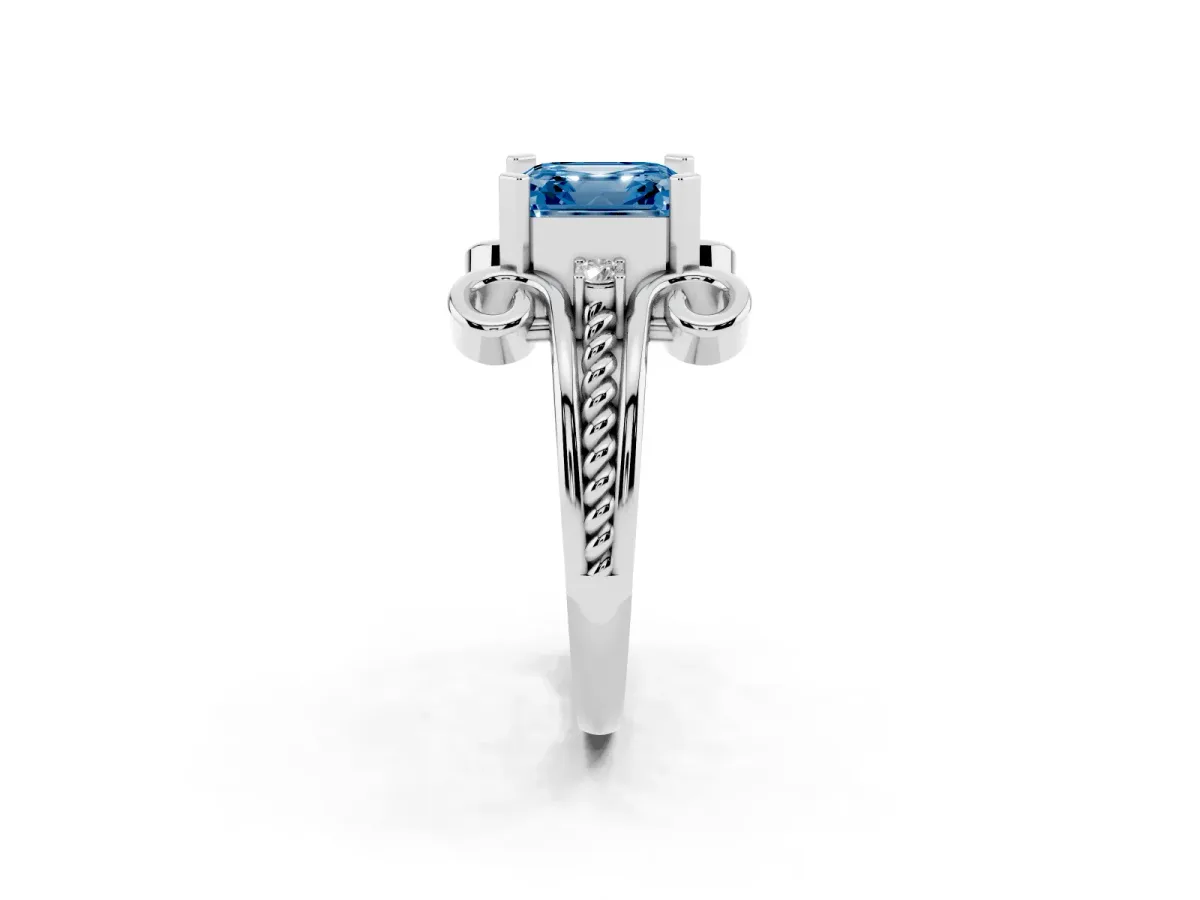 Fancy Blue Asscher Cut Solitaire Twisted Band Scroll Prong Ring Silver