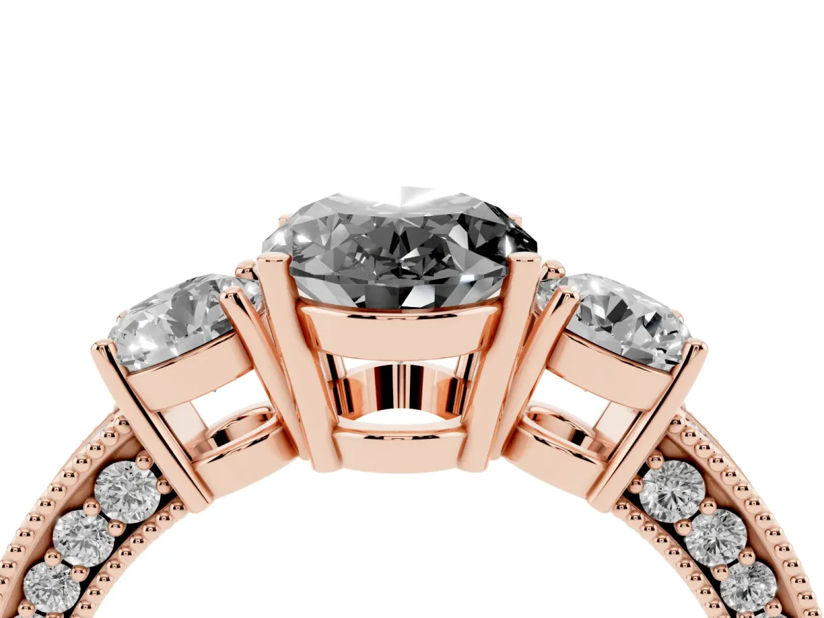 Fancy Black Oval Cut Three-Stone Diamond Ring with Pavé Band and Four-Prong Setting Rose gold