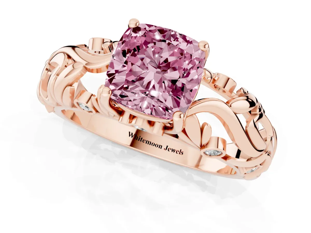Fancy Pink Cushion Cut Solitaire Diamond Leaf-Inspired Vine Band Ring with Prong Setting Rose gold