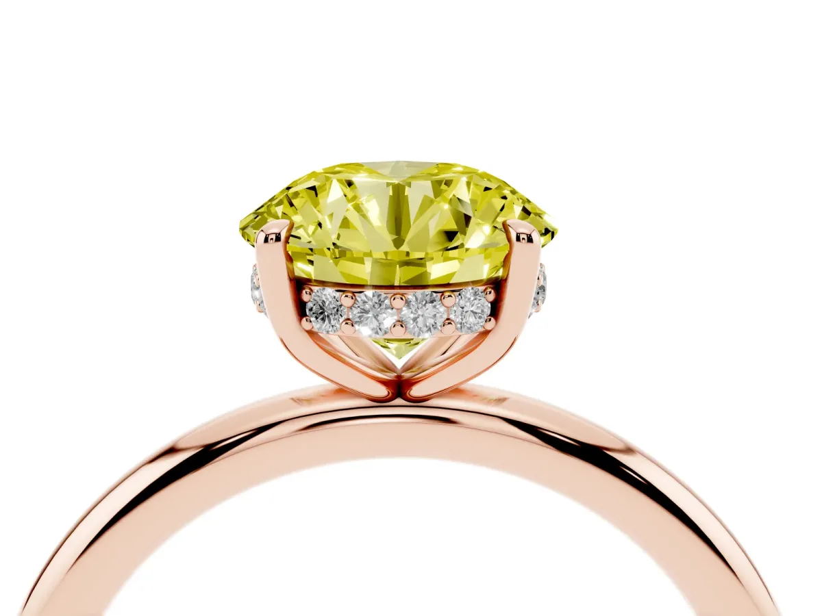 Fancy Yellow Round Cut Diamond Solitaire Ring with Thin Band and Four-Prong Setting Rose gold