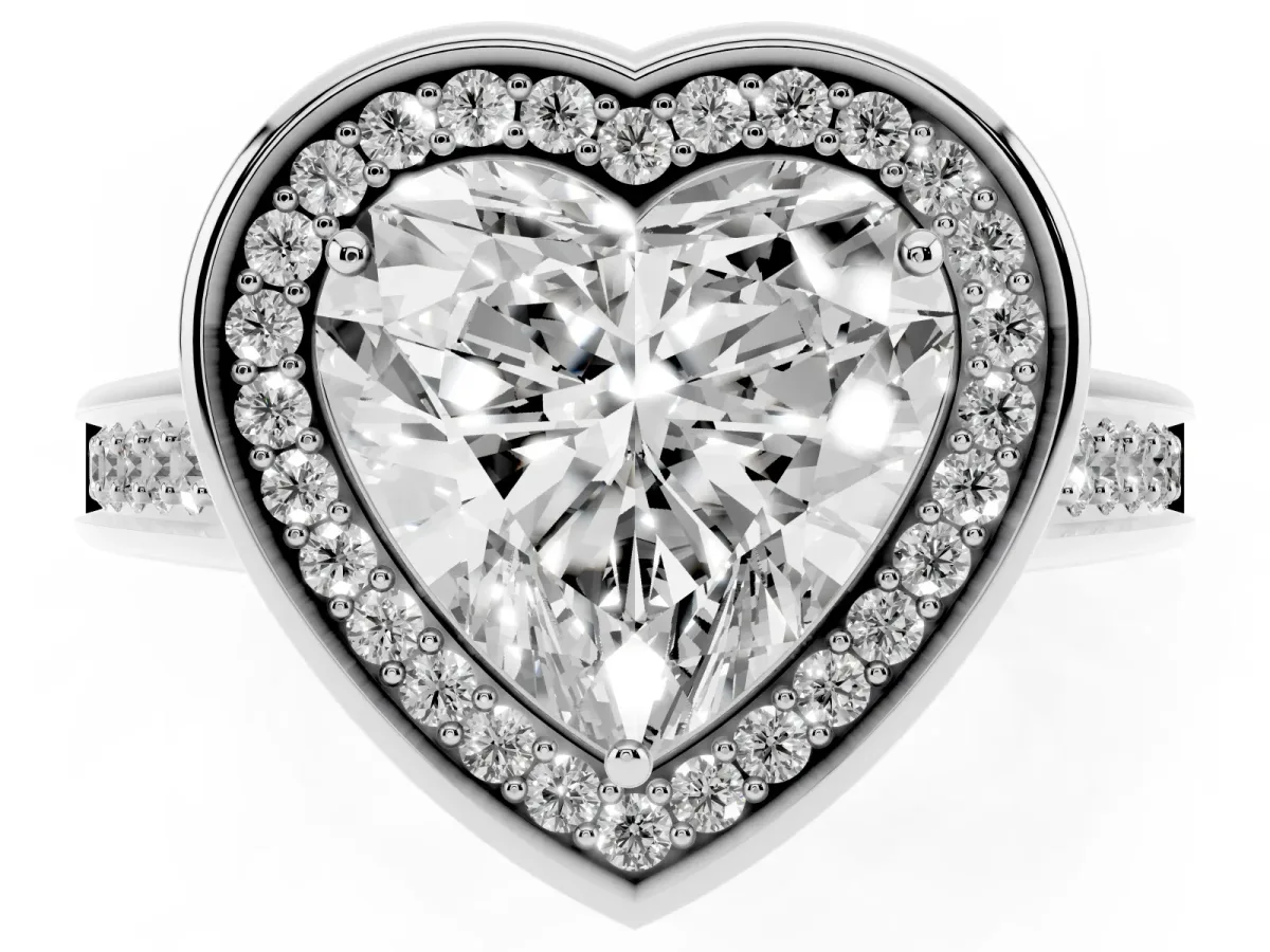 Heart Cut Halo Solitaire Diamond Ring with Pave Band and Bezel Setting Platinum