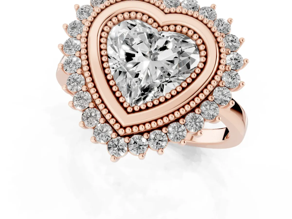 Heart Cut Halo Diamond Ring with Milgrain Edge and Round Prong Setting Rose gold