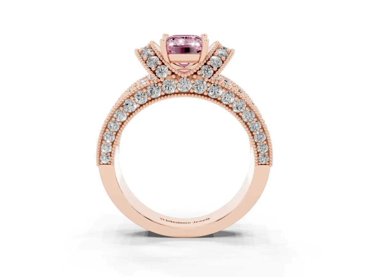 Fancy Pink Emerald Cut Halo Pave Diamond Engagement Ring with Milgrain Detailing Rose gold