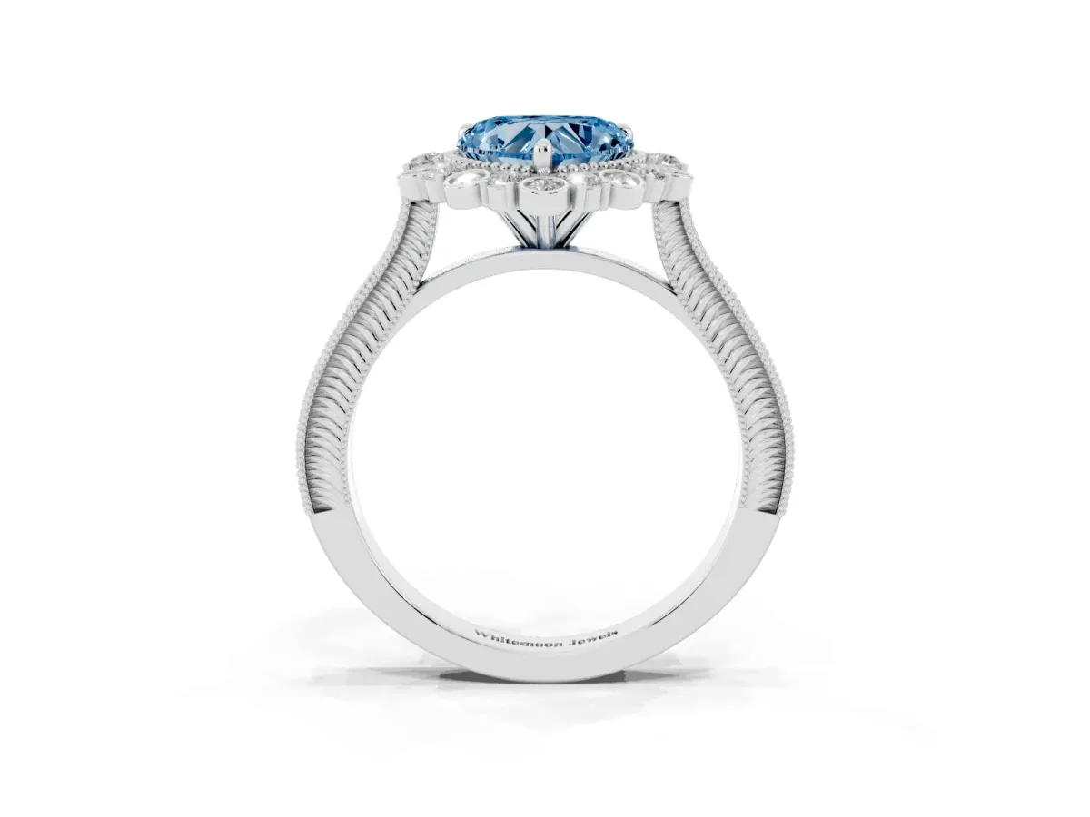Fancy Blue Heart Cut Halo Milgrain Pave Diamond Ring with Four-Prong Setting Silver