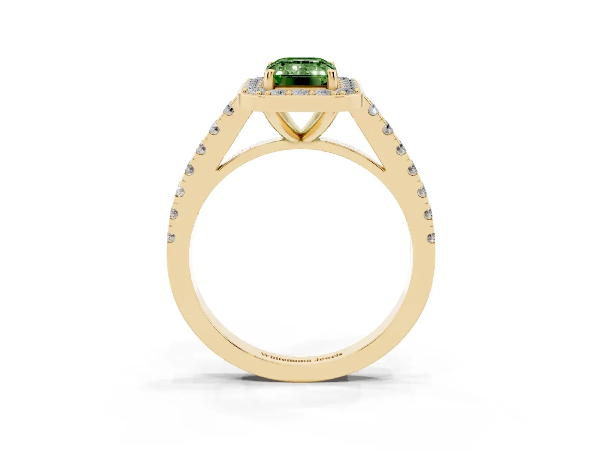 Fancy Green Emerald Cut Diamond Halo Ring with Round Pavé Split Shank and Prong Setting Yellow gold