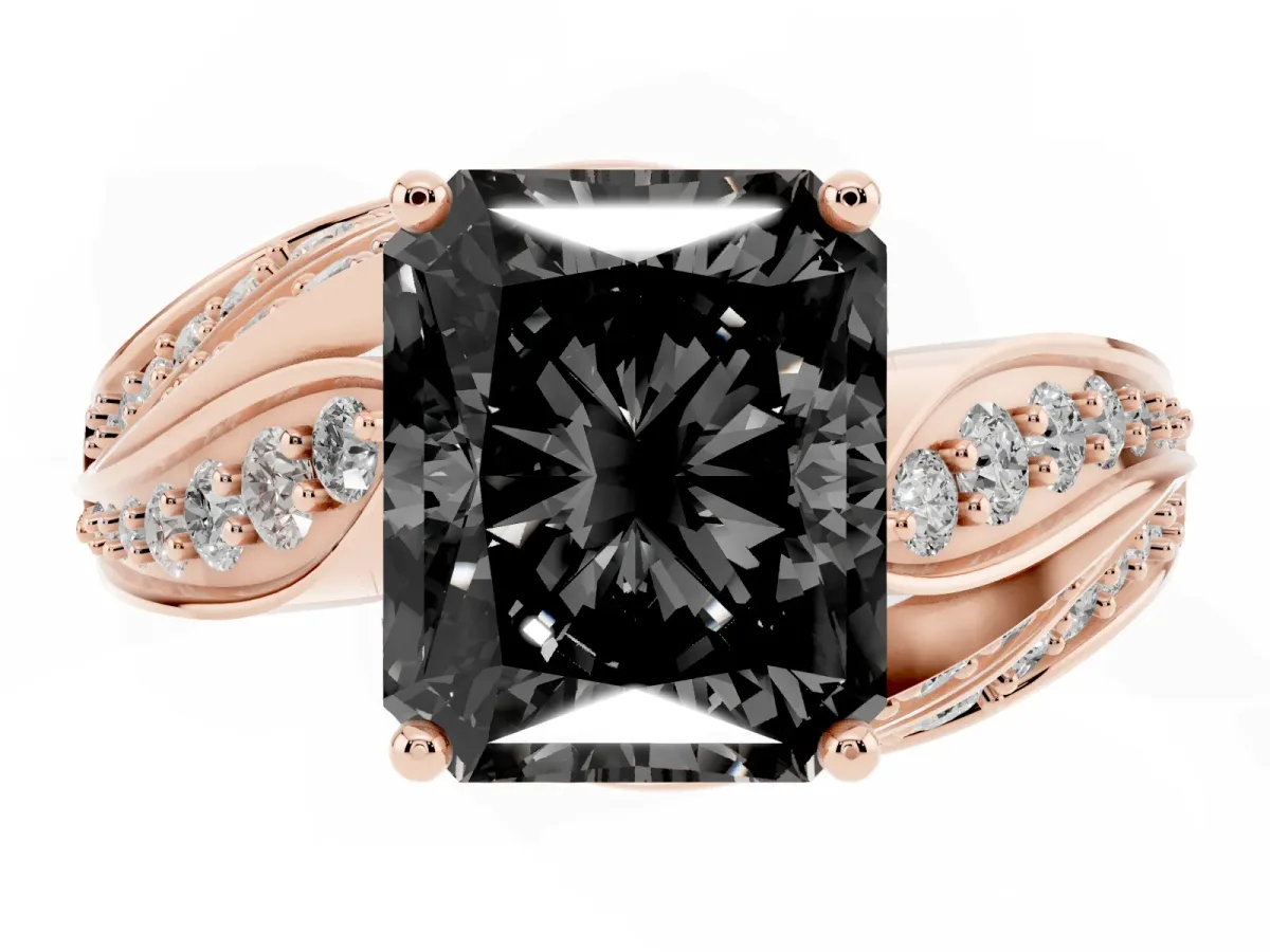 Fancy Black Radiant Cut Diamond Solitaire Ring with Prong Setting and Twisted Pavé Band Rose gold