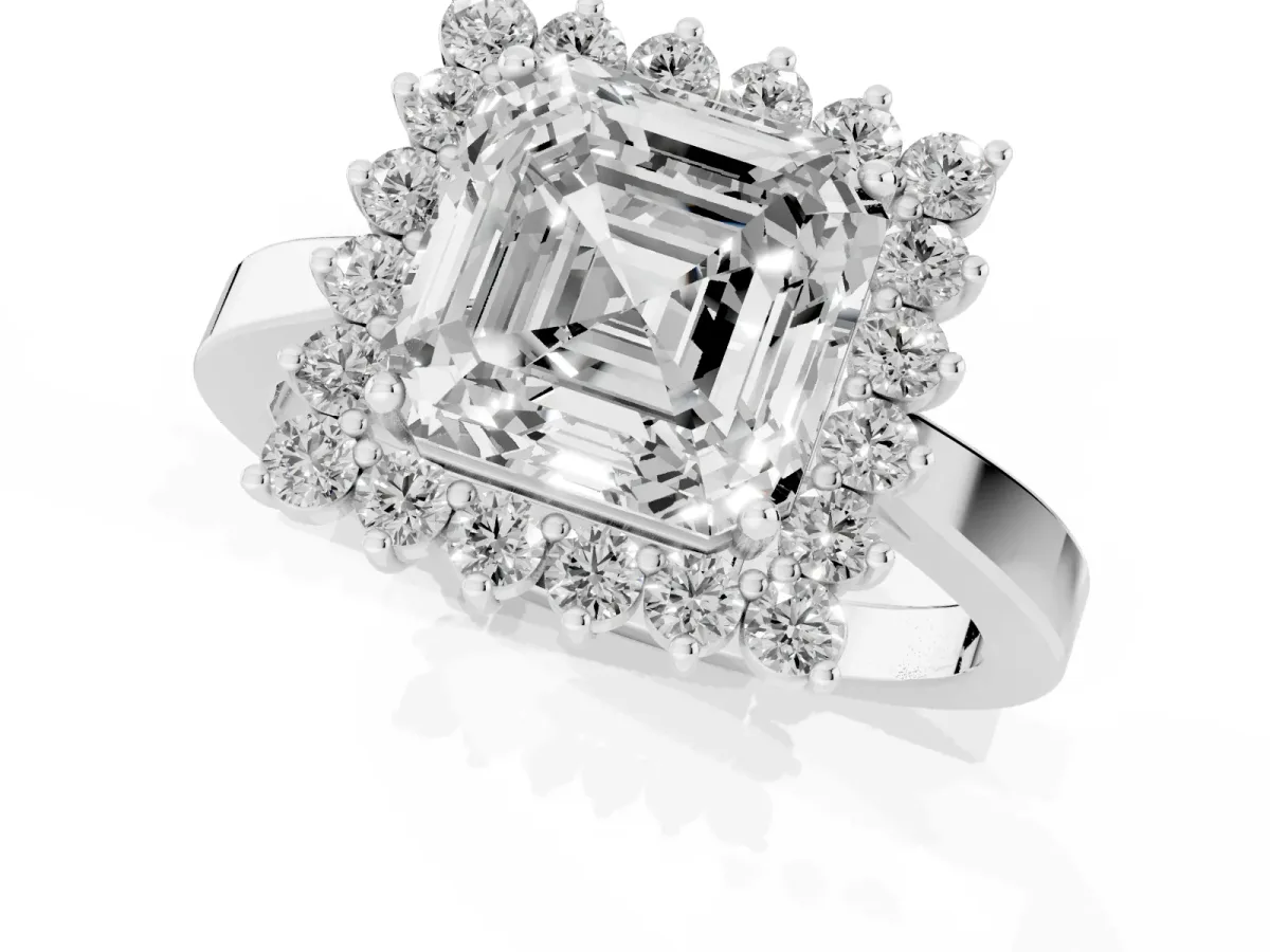 Asscher Cut Cut Diamond Halo Ring with Round Brilliant Halo and Solitaire Band White gold