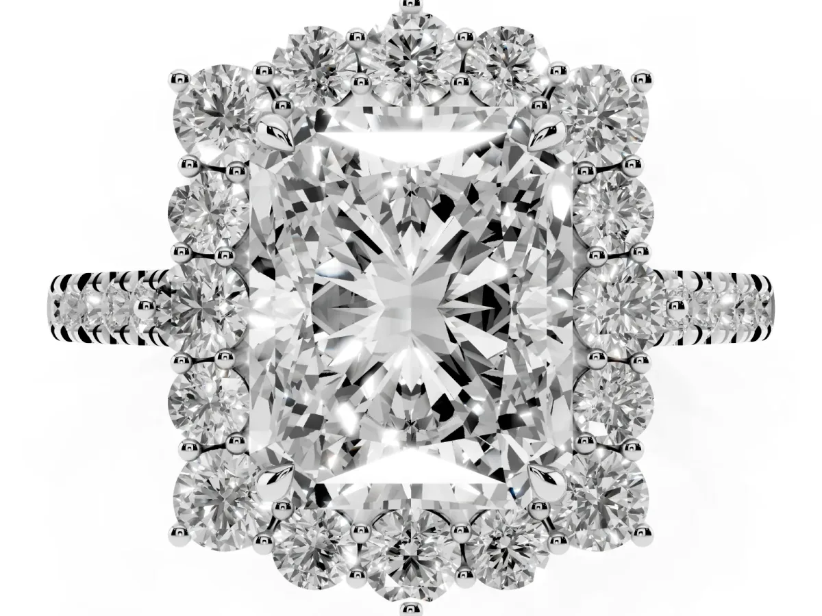 Radiant Cut Halo Diamond Ring with Pavé Band and Prong Setting Platinum
