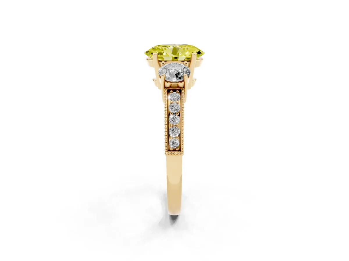 Fancy Yellow Oval Cut Three-Stone Diamond Ring with Pavé Band and Four-Prong Setting Yellow gold