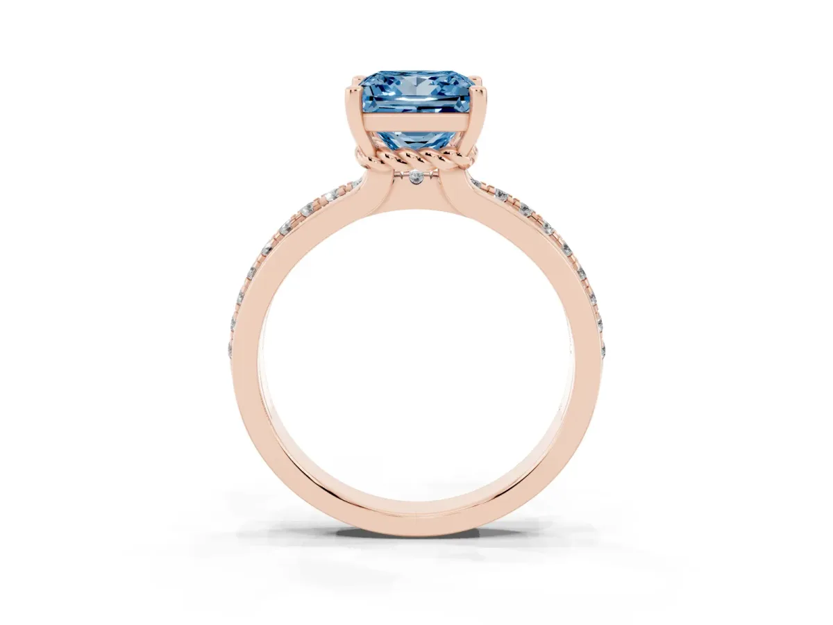 Fancy Blue Princess Cut Solitaire Diamond Ring with Channel Set Band and Six-Prong Setting Rose gold